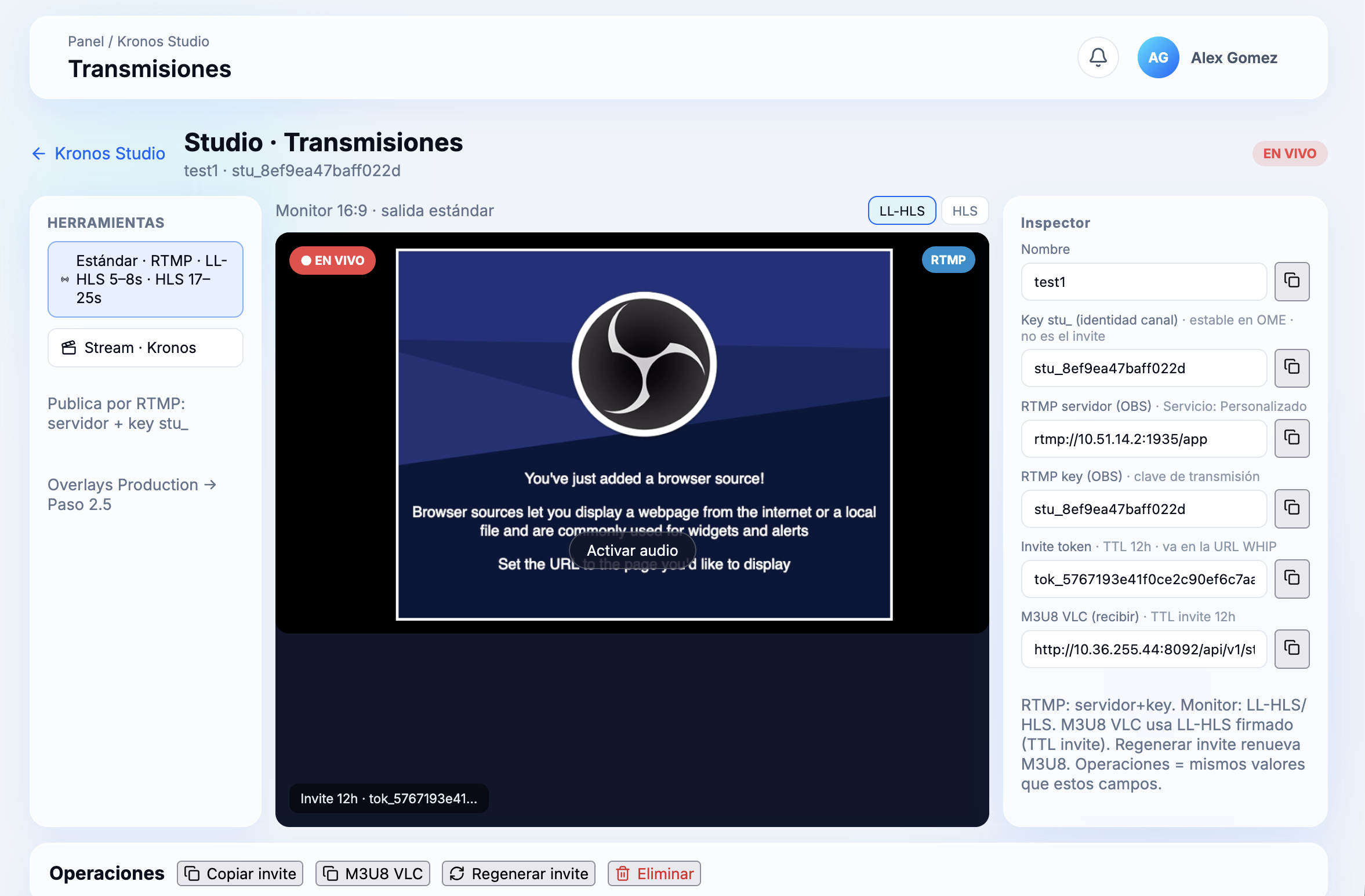 Kronos Studio Transmisiones — canvas de producción en vivo